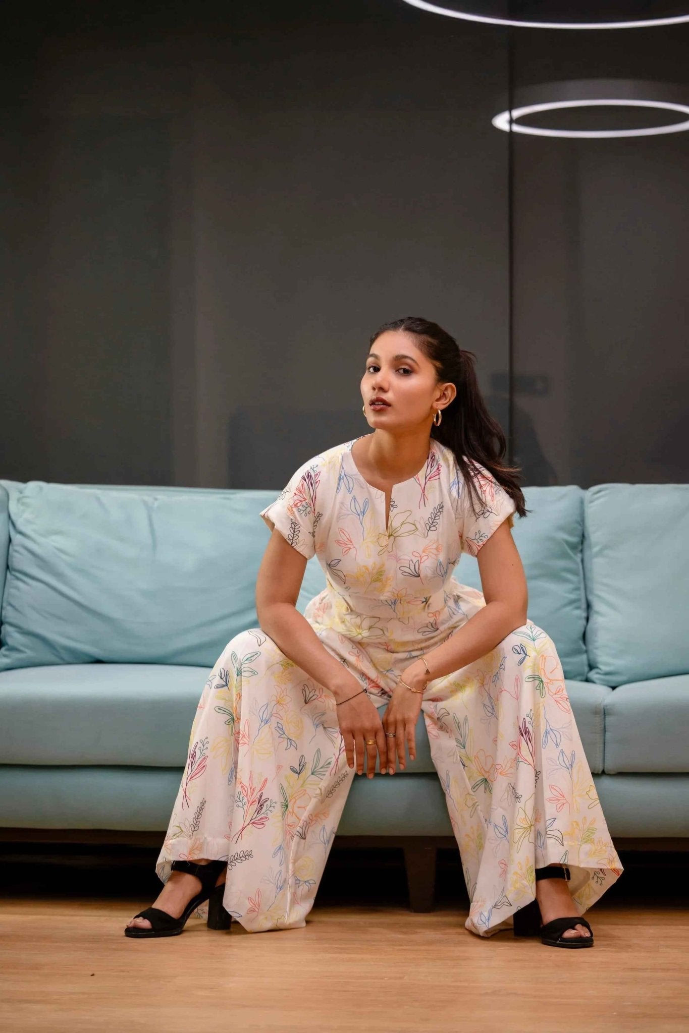 Ivory Printed Cotton Twill Jumpsuit